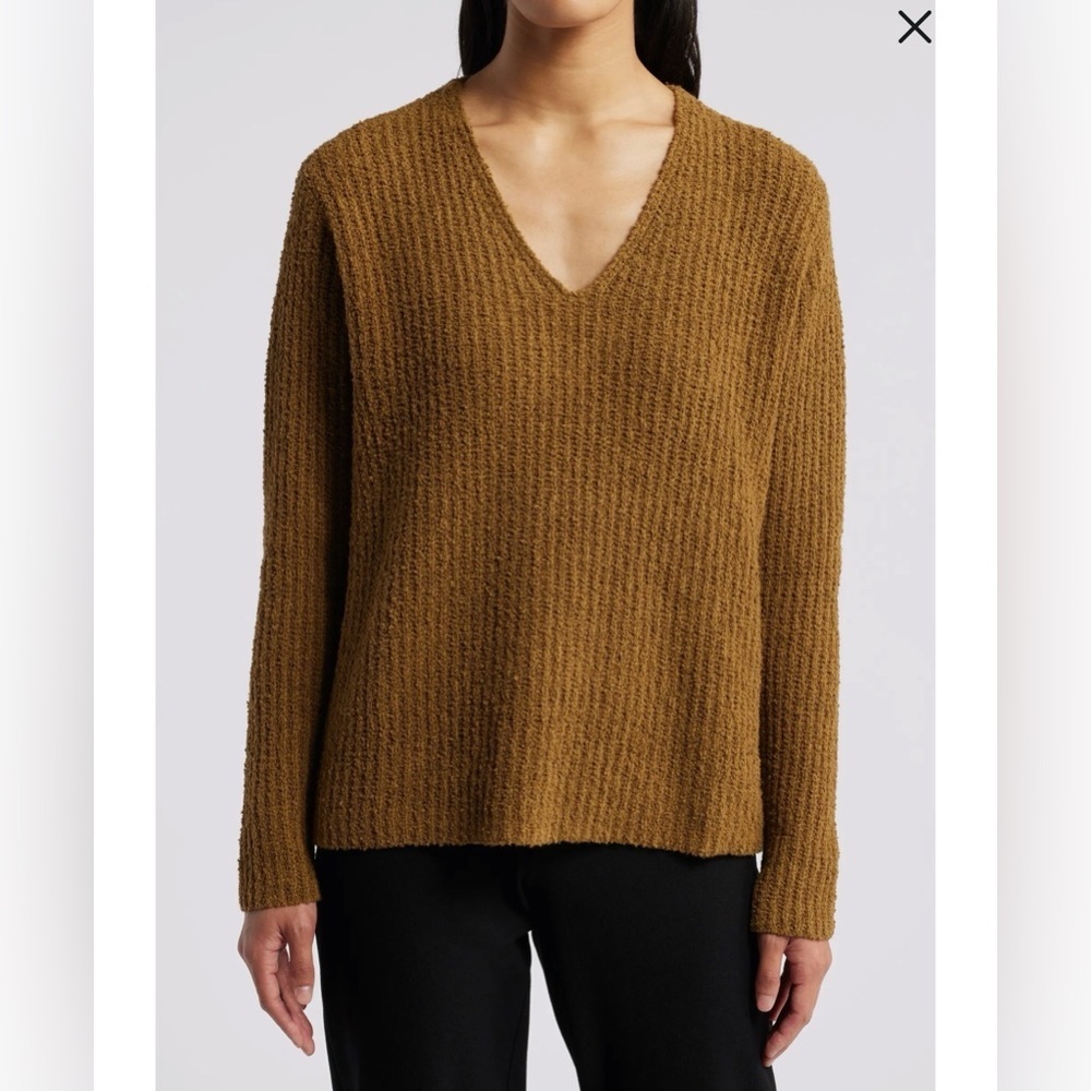 Eileen Fisher Textured V-Neck Sweater in Mustard Brown